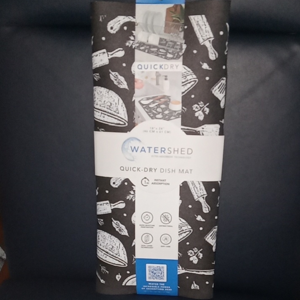 Quick-Dry Dish Mat - Black with White Kitchen Print XL